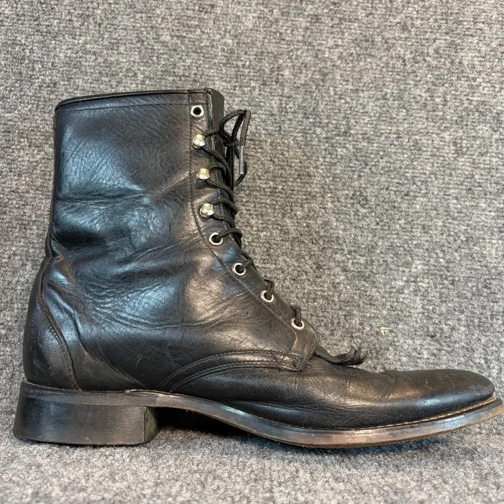 Vintage Justin Black Leather Lace Up Kiltie Military Packer Combat Boots Mens 12